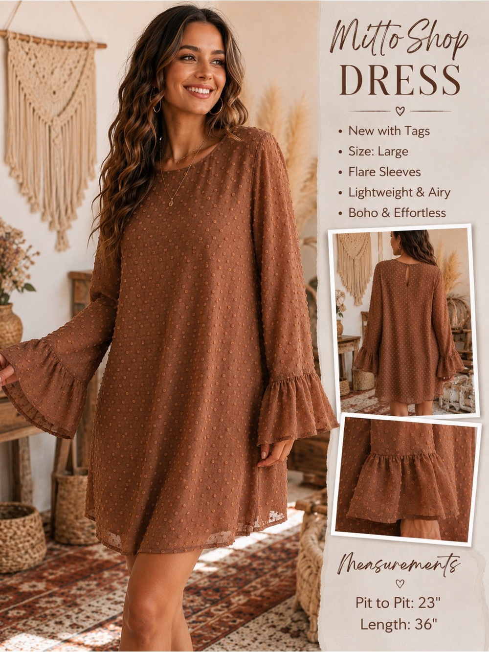 mittoshop Brown Boho Swiss Dot Flare Sleeve Mini Dress